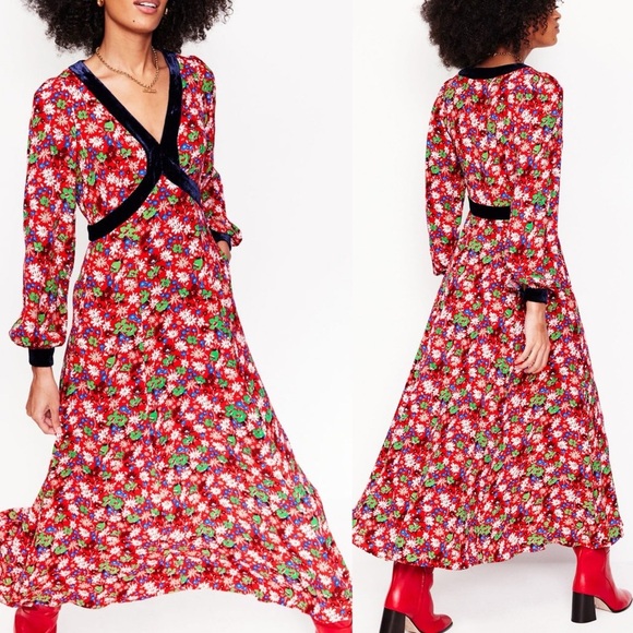 Boden  Velvet Trim Maxi Tea Dress Bright Ruby Floral Burst 10R - Picture 1 of 6